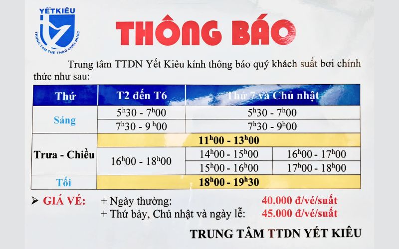 Giá vé hồ bơi Yết Kiêu Quận 1 cập nhật tháng 8/2025