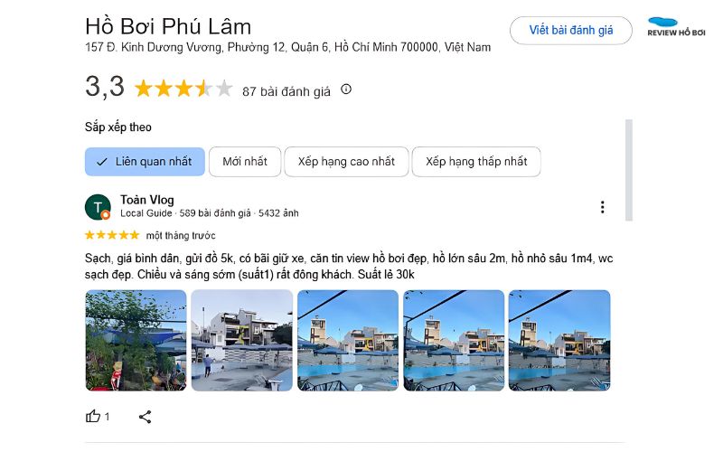 Review hồ bơi Phú Lâm Quận 6 chi tiết và mới nhất năm 2025 Người dùng phản hồi tích cực qua Google Map