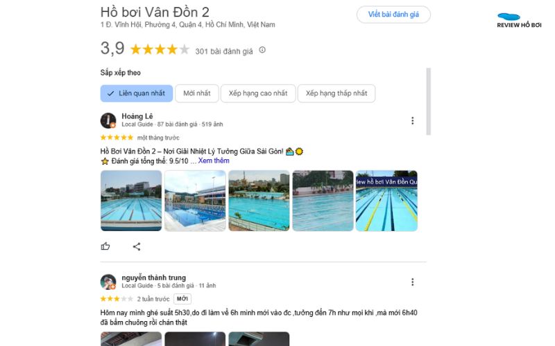 Review hồ bơi Vân Đồn 2: Giờ mở cửa, giá vé, khóa học bơi Khách hàng đánh giá hồ bơi Vân Đồn trên Google Map