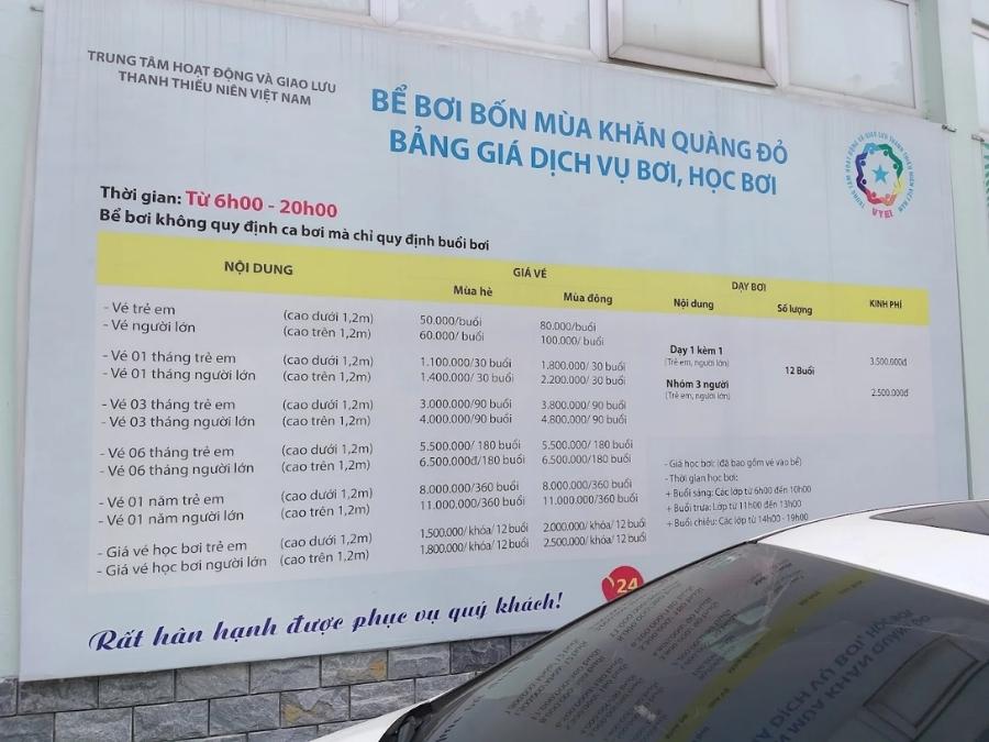 Review bể bơi Khăn Quàng Đỏ mới nhất: Giá vé, giờ mở cửa Giá vé bể bơi Khăn Quàng Đỏ