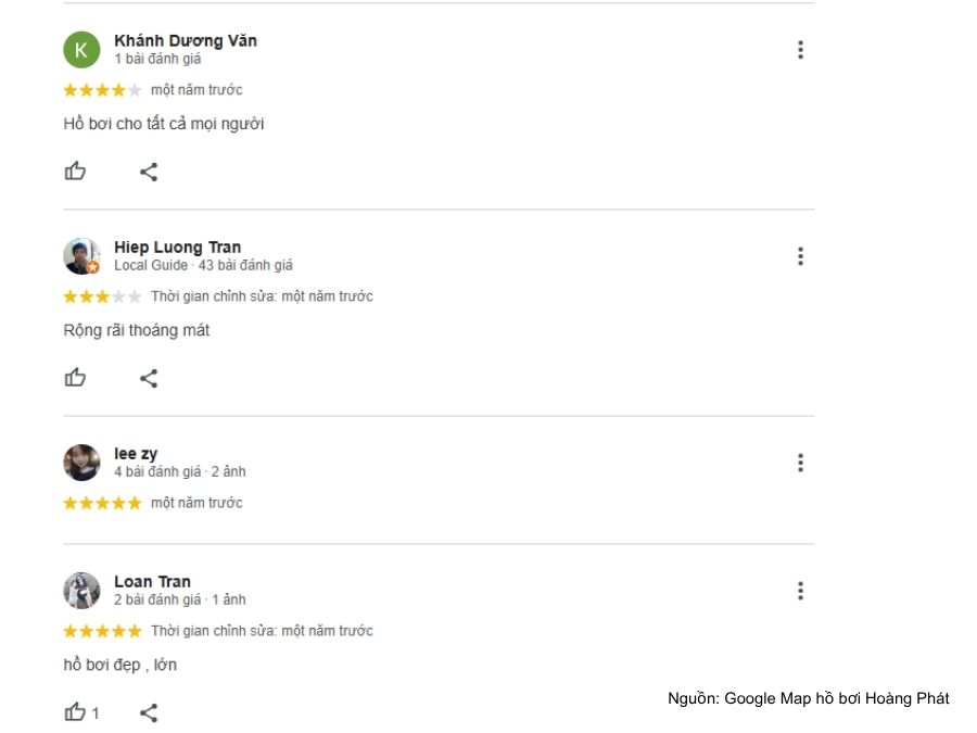 Review Hồ bơi Hoàng Phát mới nhất - Giá vé, giờ mở cửa & SĐT Các đánh giá tích cực của khách hàng dành cho bể bơi Hoàng Phát
