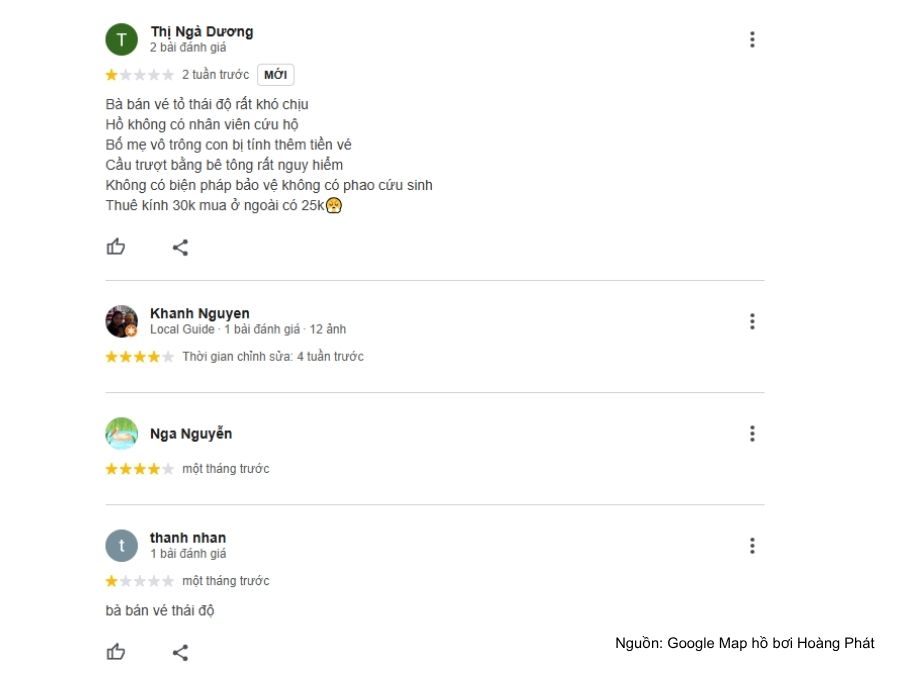 Review Hồ bơi Hoàng Phát mới nhất - Giá vé, giờ mở cửa & SĐT Bình luận của khách hàng trên Google Maps của hồ bơi Hoàng Phát