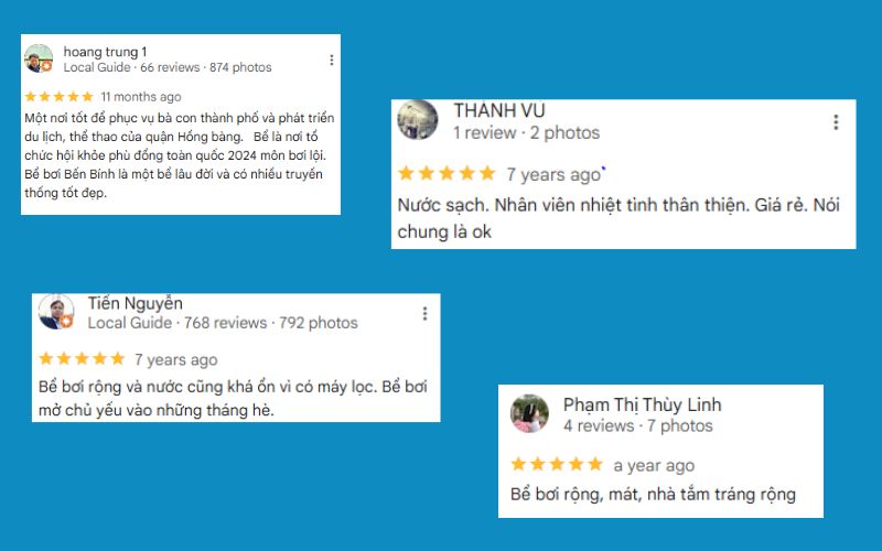 Đánh giá bể bơi Bến Bính Hải Phòng mới nhất: Giá vé, giờ mở cửa Ảnh chụp màn hình đánh giá 5 sao từ học viên trên Google Maps