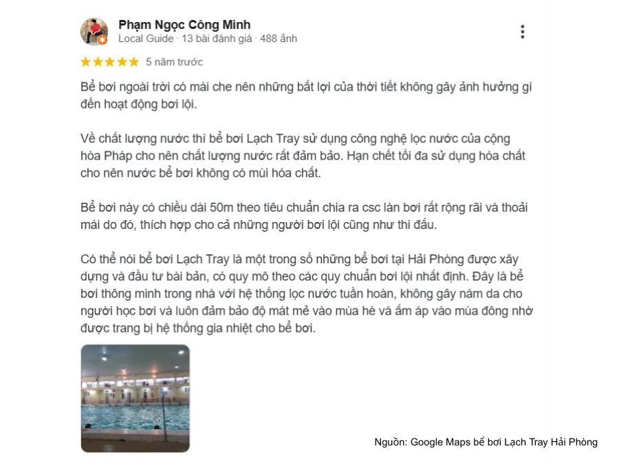 Review bể bơi Lạch Tray Hải Phòng mới nhất: Giá vé, giờ mở cửa Đánh giá từ anh Công Minh dành cho hồ bơi Lạch Tray