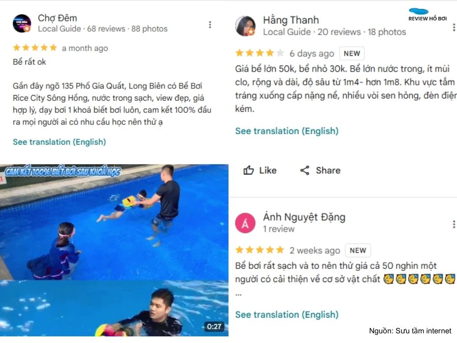 Đánh giá của khách hàng về hồ bơi Thái Hà trên Google Maps