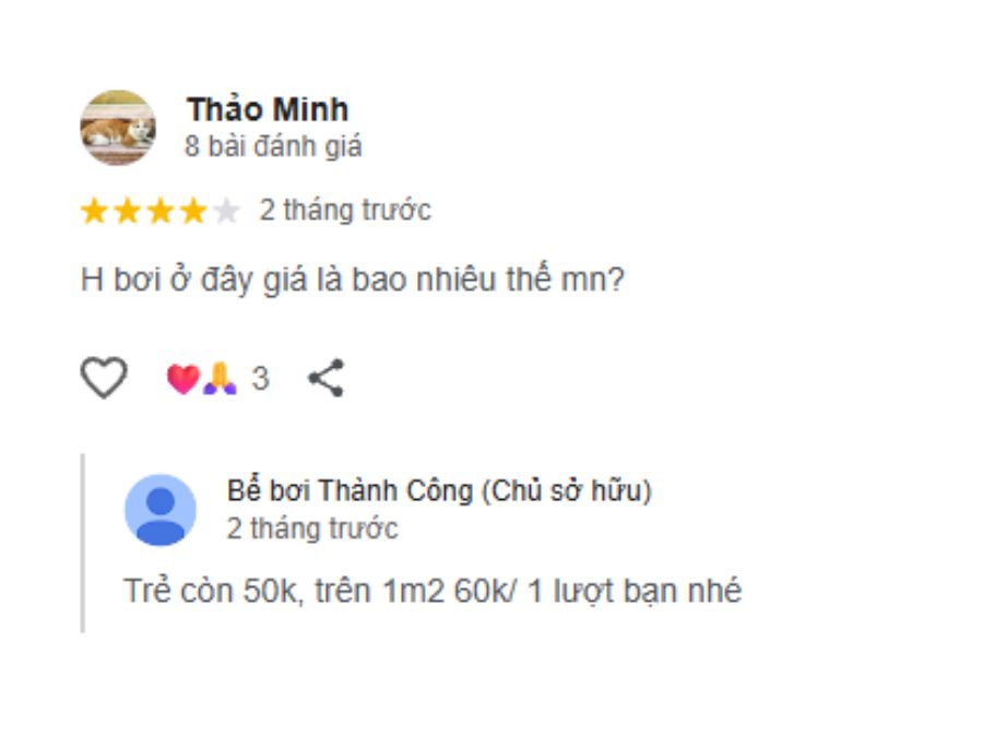 Giá vé hồ bơi Thành Công được admin bể bơi cập nhật trên đánh giá Google Maps