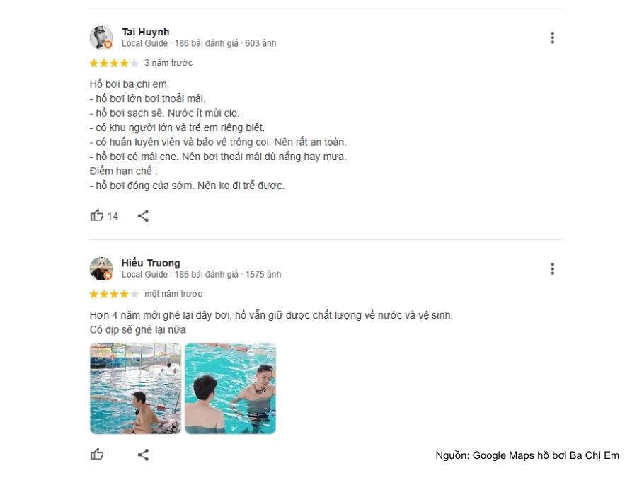 Review hồ bơi Ba Chị Em: Giá vé, giờ mở cửa và tiện ích đi kèm Những đánh giá tích cực về hồ bơi 3 chị em trên Google Maps