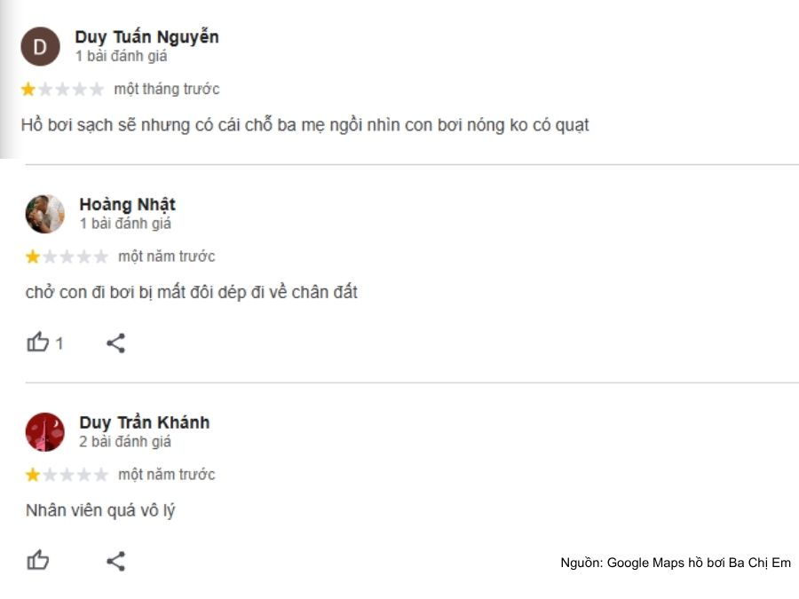 Review hồ bơi Ba Chị Em: Giá vé, giờ mở cửa và tiện ích đi kèm Những đánh giá tiêu cực về hồ bơi 3 chị em trên Google Maps