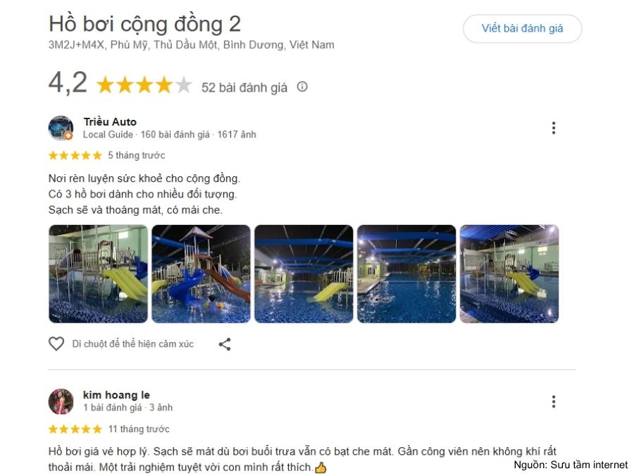 Các bình luận tích cực về bể bơi Cộng Đồng 2 trên Google Maps