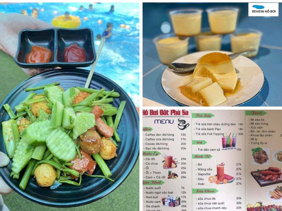 Menu món ăn nhẹ được phục vụ tại căn tin của hồ bơi Đất Phù Sa