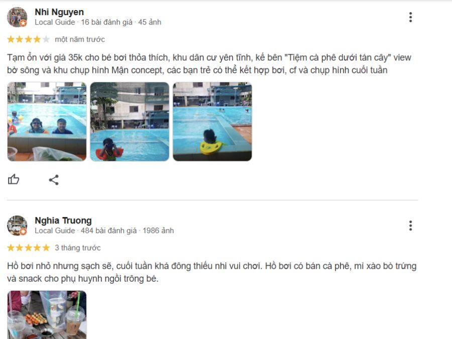 những đánh giá tích cực về hồ bơi Đất Phù Sa trên Google Maps