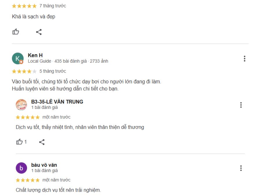 Những đánh giá 4 sao và 5 sao về hồ bơi Đất Phù Sa trên Google Maps