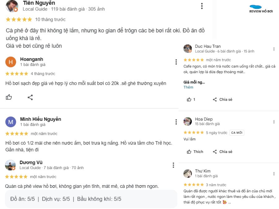 Nhiều đánh giá tích cực cho hồ bơi Hải Nam trên Google Maps