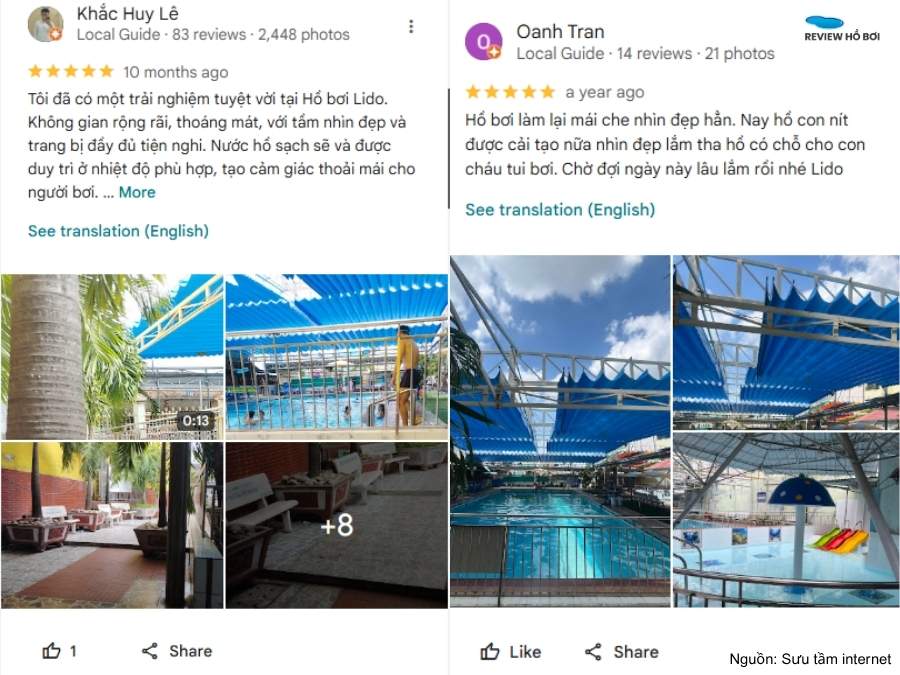 Review hồ bơi Lido Bình Thạnh: Giá vé, giờ mở cửa, tiện ích Đánh giá của khách hàng về bể bơi Lido trên Google Maps