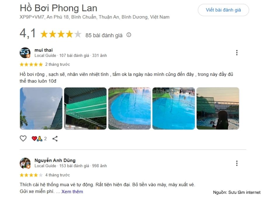 Review hồ bơi Phong Lan mới nhất: Giá vé, giờ mở cửa Đánh giá tích cực của khách hàng về bể bơi Phong Lan trên Google Maps