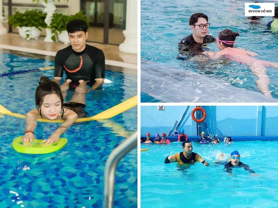 Học bơi bao lâu thì biết bơi? Giải đáp chi tiết cho người mới Người học bơi đang luyện tập dưới sự hướng dẫn của huấn luyện viên