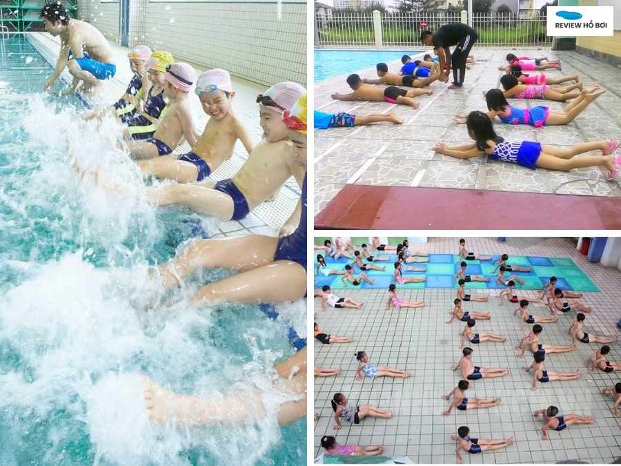 Học bơi bao lâu thì biết bơi? Giải đáp chi tiết cho người mới Người học bơi mới thực hành hít thở và đạp chân trên bờ
