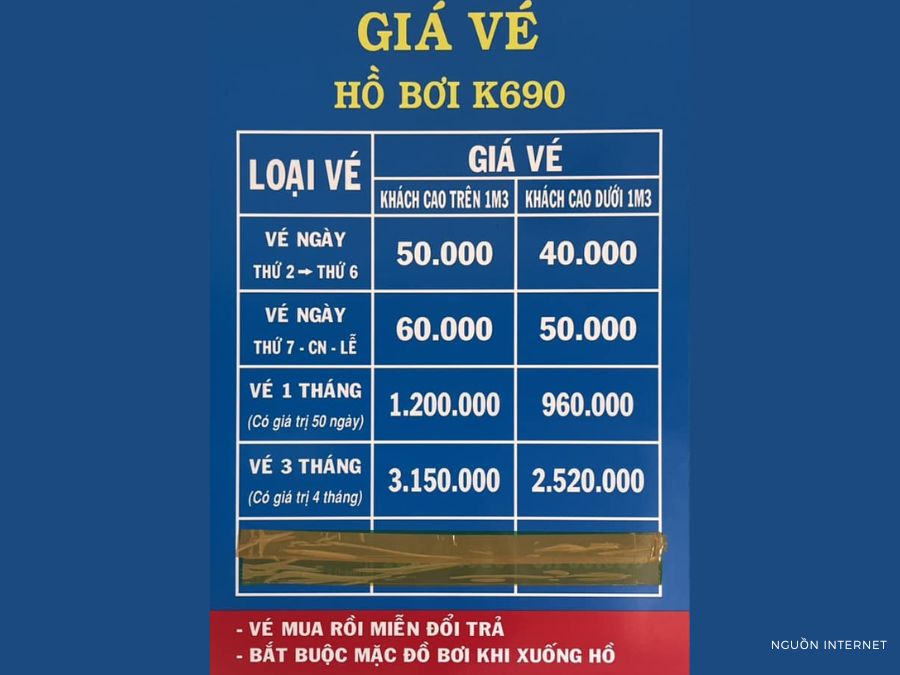 Hình ảnh giá vé hồ bơi K690 (Nguồn: fanpgae hồ bơi K690)