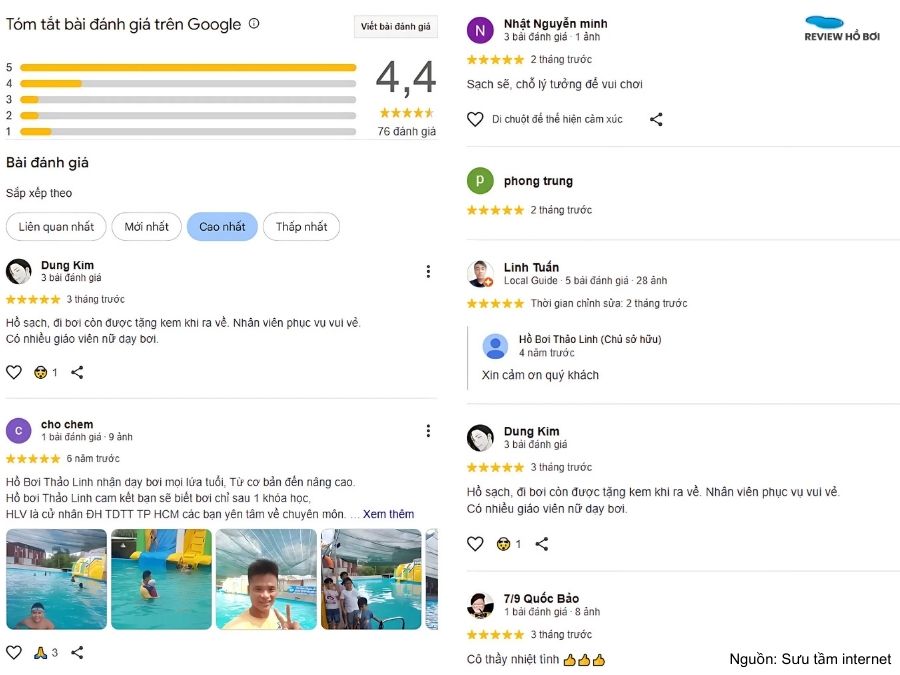 Đánh giá của khách hàng trên Google Maps của hồ bơi Thảo Linh tại Biên Hòa