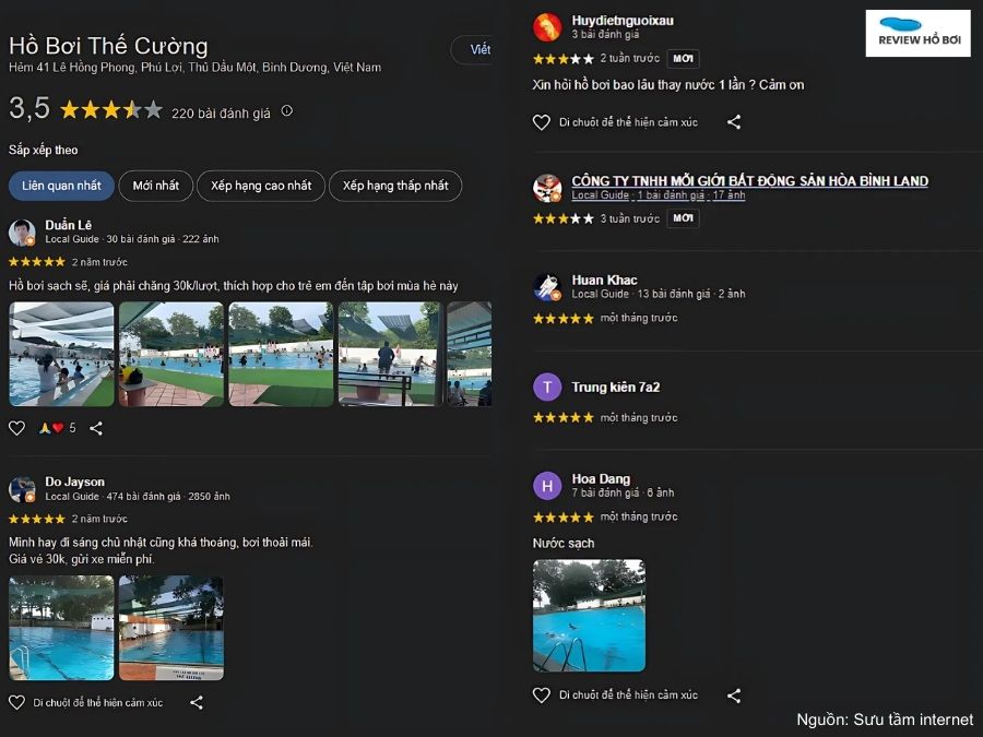 Các ý kiến về bể bơi Thế Cường trên Google Maps