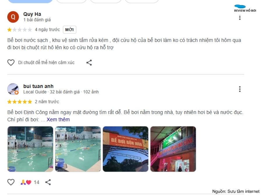 Review bể bơi Định Công mới nhất: Giá vé và giờ mở cửa Các đánh giá chân thực của khách hàng về bể bơi Định Công trên Google Maps