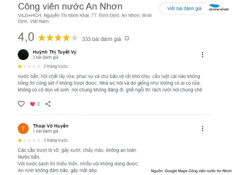 Review Công viên nước An Nhơn mới nhất: Giá vé và giờ mở cửa Những phàn nàn của khách bơi về công viên giải trí An Nhơn