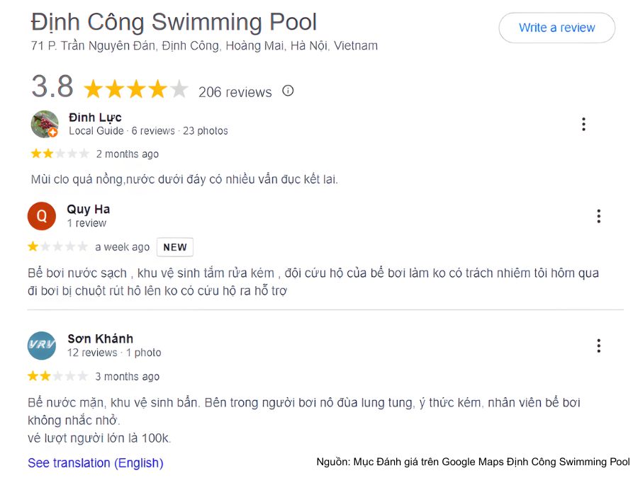 Review bể bơi Định Công mới nhất: Giá vé và giờ mở cửa Phản hồi của khách bơi về chất lượng nước tại bể bơi Định Công