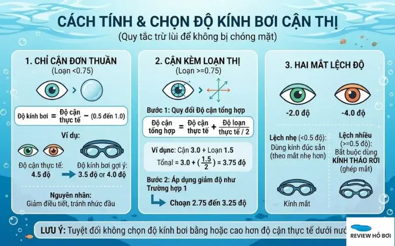 Hướng dẫn công thức tính và cách chọn độ kính bơi cận thị chuẩn xác để không bị chóng mặt