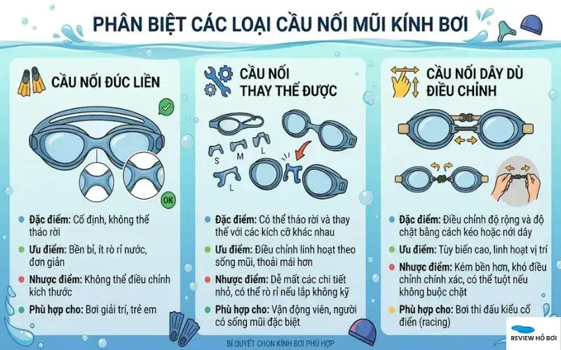 Bí Quyết Chọn Kính Bơi Vừa Khít Khuôn Mặt, Chống Tràn Nước Tuyệt Đối Phân biệt các loại cầu nối mũi kính bơi: đúc liền, thay thế được và dây dù điều chỉnh