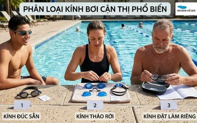 Phân loại kính bơi cận thị phổ biến: kính đúc sẵn, kính tháo rời ghép mắt và kính đặt làm riêng 