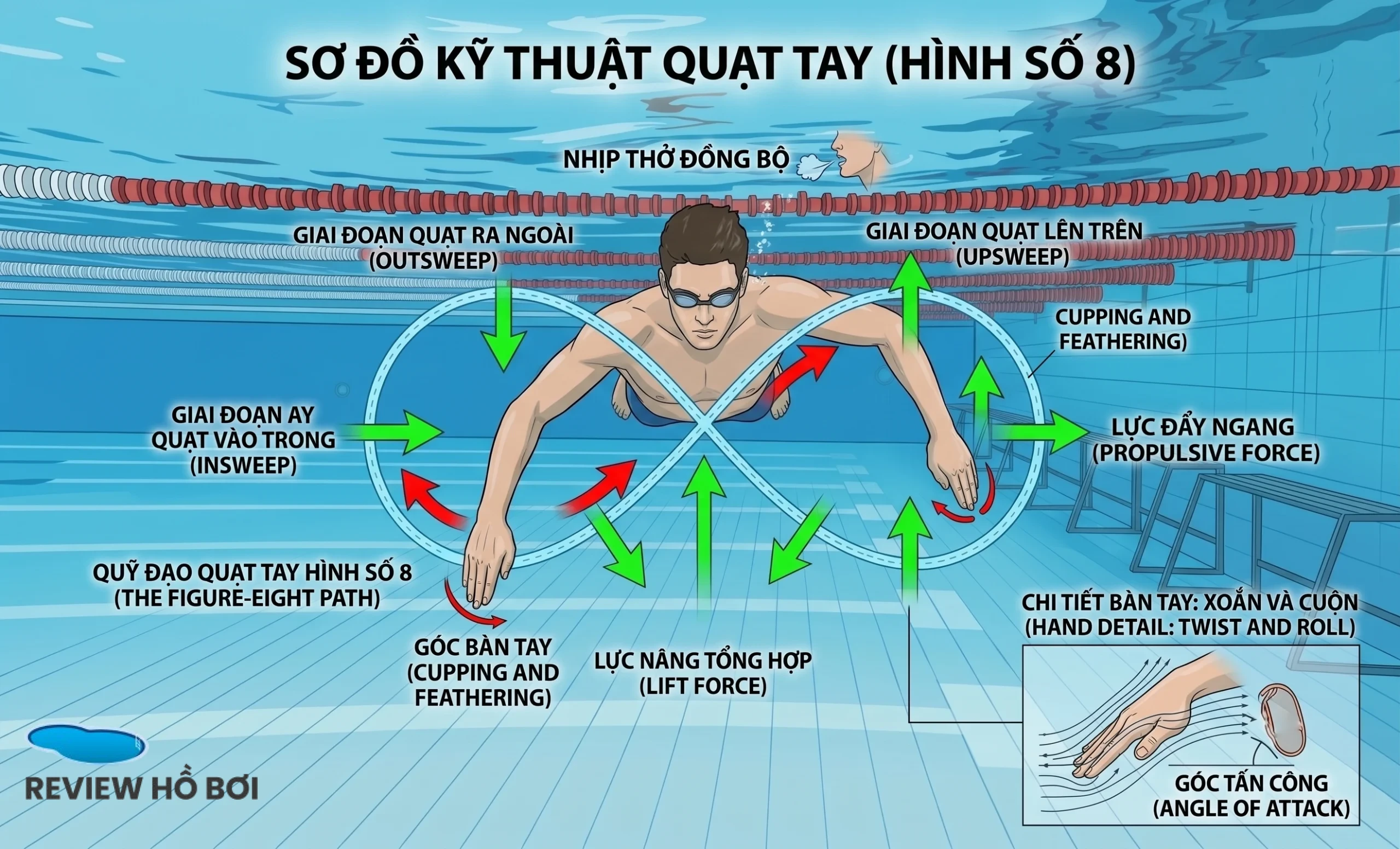 HƯỚNG DẪN KỸ THUẬT TẬP ĐỨNG NƯỚC: BÍ QUYẾT SINH TỒN VÀ TỰ TIN NƠI NƯỚC SÂU Kỹ thuật quạt tay hình số 8