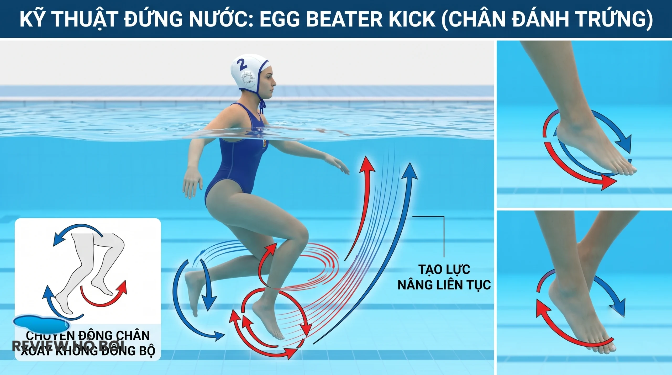 HƯỚNG DẪN KỸ THUẬT TẬP ĐỨNG NƯỚC: BÍ QUYẾT SINH TỒN VÀ TỰ TIN NƠI NƯỚC SÂU Kỹ thuật đạp xe đạp (Eggbeater kick)