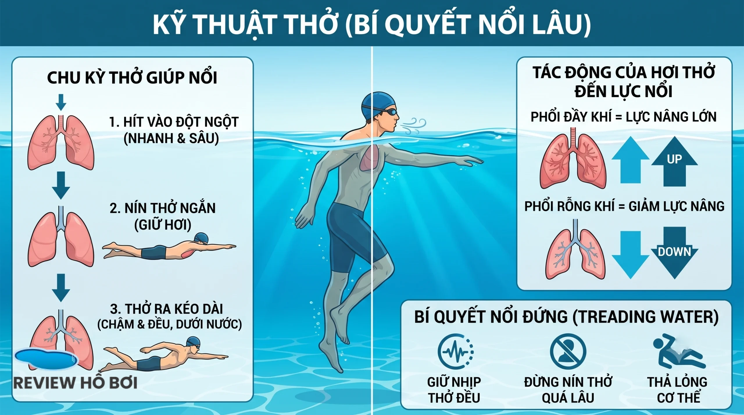 HƯỚNG DẪN KỸ THUẬT TẬP ĐỨNG NƯỚC: BÍ QUYẾT SINH TỒN VÀ TỰ TIN NƠI NƯỚC SÂU Kỹ thuật thở (Bí quyết nổi lâu)